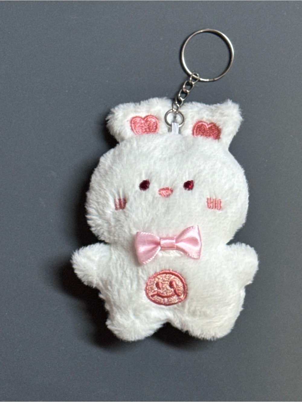 NIP Cute White Bunny Plush Keychain Bag Charm Bowtie Smiley